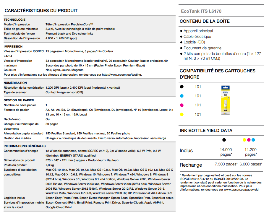 fiche technique epson ecotank l6170